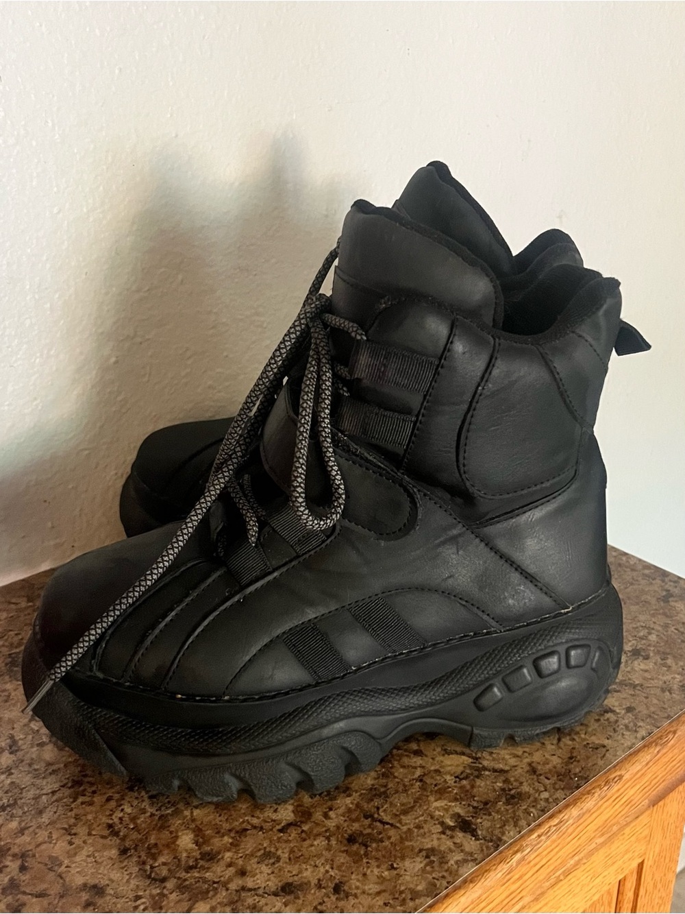Dolls Kill Black Platform Combat Boots with Reflective Laces - Picture 3 of 4
